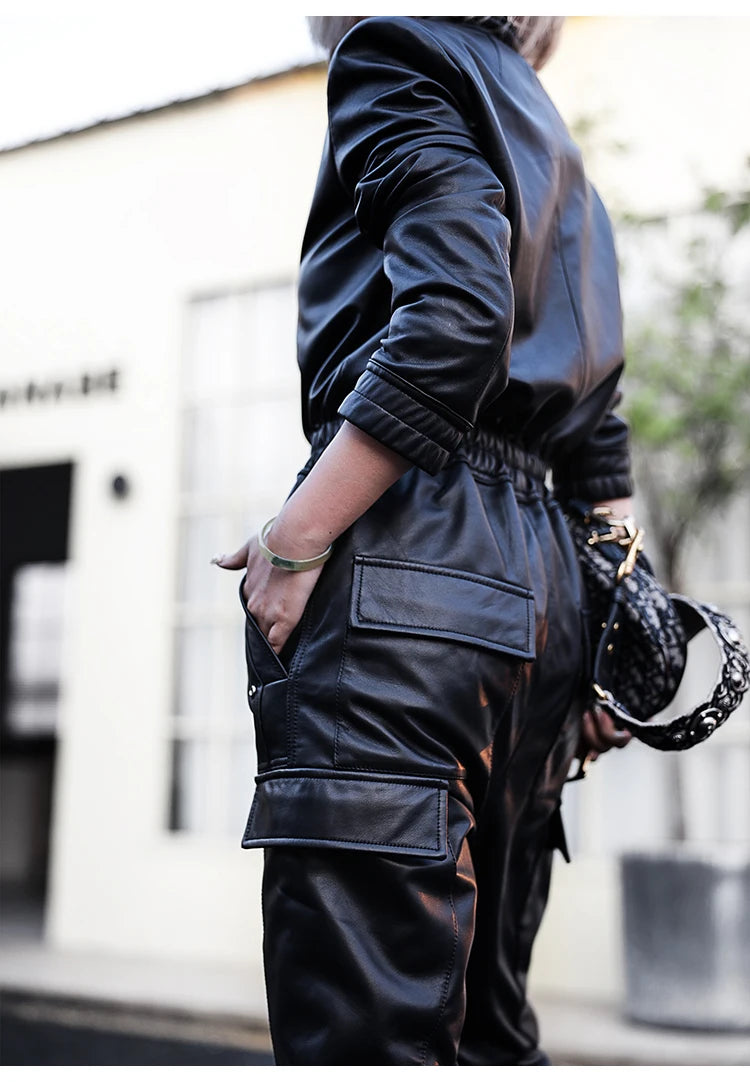 The Lux "Nerazzurri" Black Soft Faux Leather Cargo Jumpsuit